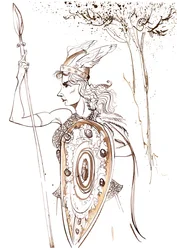 Kirsten Flagstad som Brünnhilde fra operaen Die Walküre av Richard Wagner (tysk komponist 1813-83); sepia karikatur